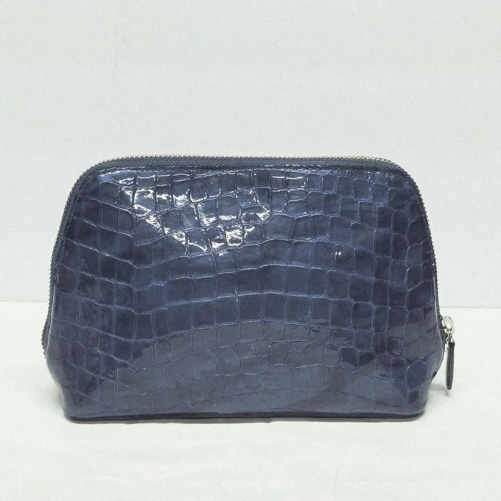 Brighton Bellissimo Heart Croc Print Blue Patent Leather Cosmetic Bag Pouch